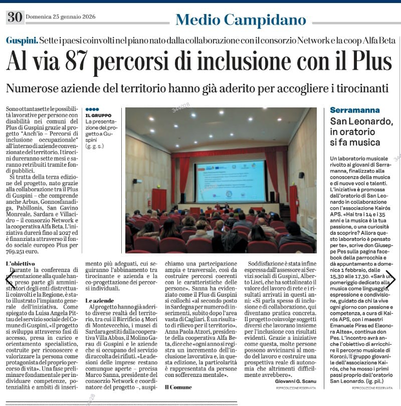 Guspini. Presentazione del progetto  “ANCH’IO – Percorsi di inclusione occupazionale”, Plus Guspini, Consorzio Network Etico e coop.va Alfa Beta